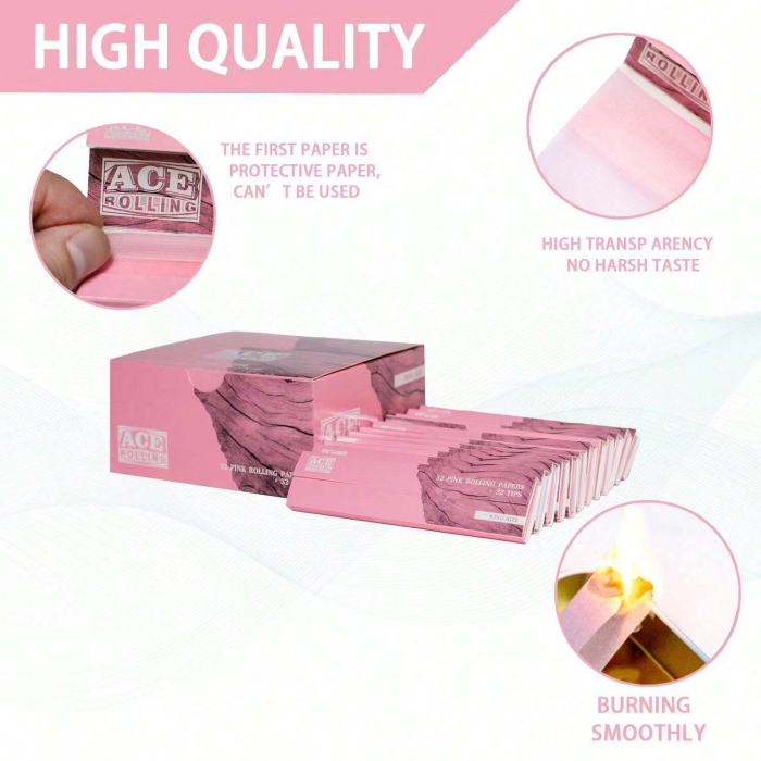 King Size + Tips Bleached Cigarette Rolling Papers Pink 24 Booklets