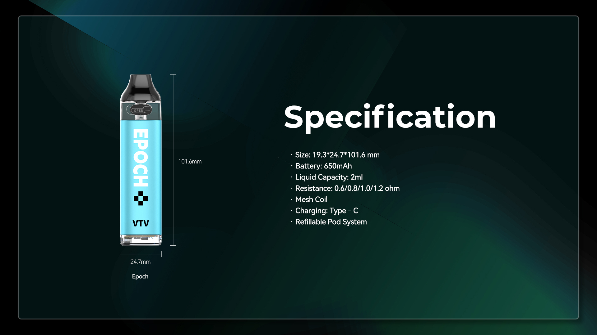 VTV Epoch Refillable Pod System Vape Dual Mesh Coil E Cigarette With 3PCS Pod